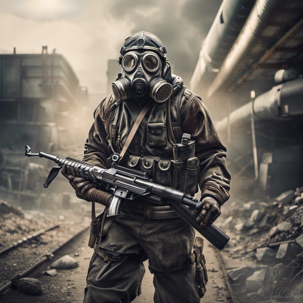 Sci-Fi Hero in Gas Mask with Shotgun