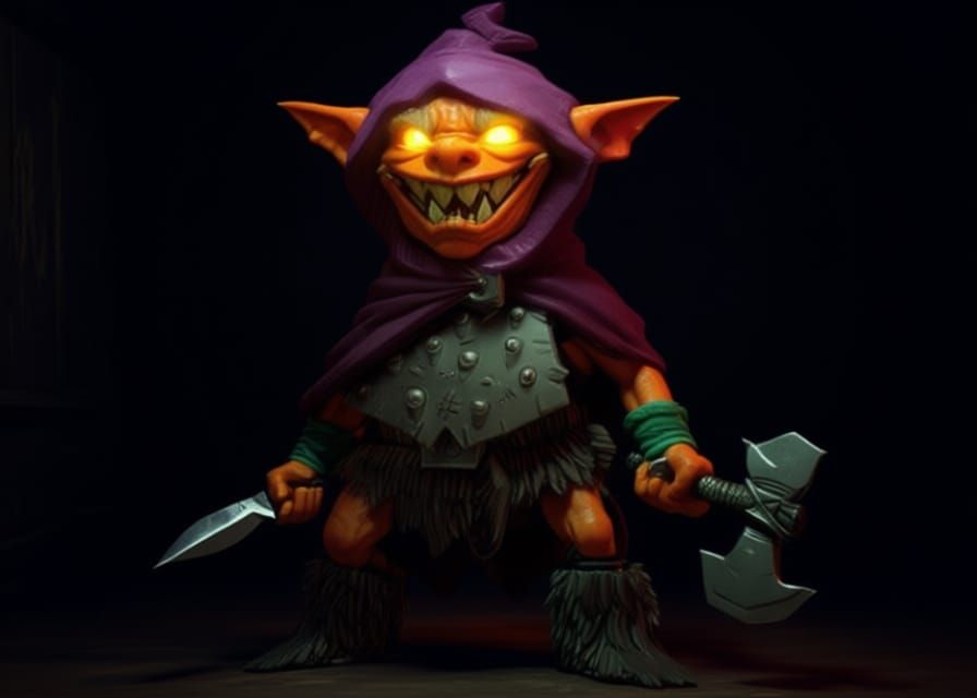 Photorealistic Goblin Warrior in Dark Room with Weapons