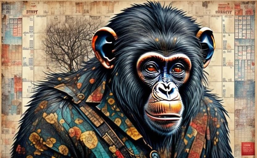 Chimpanzee Calendar in Maximalist Collage Style