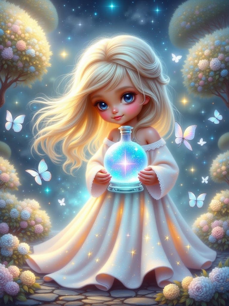 Dreamy Chibi Latin American Girl in Whimsical Fantasy Scene