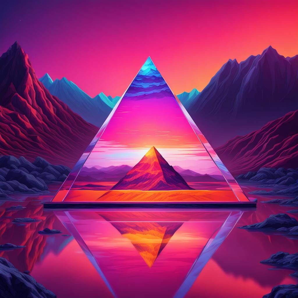 Glass Pyramid over Synthwave Neon Landscape