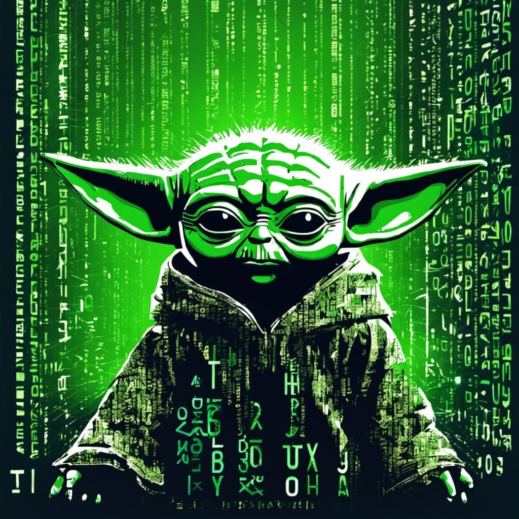 Baby Yoda Portrait in Matrix ASCII Art Style