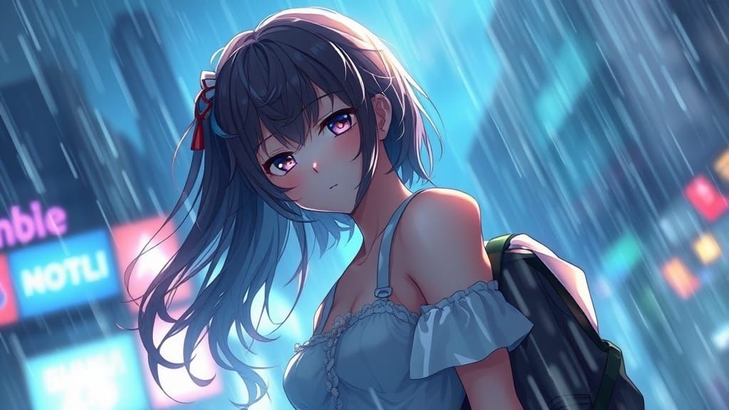 Girl in Anime Style Sighs Longingly in Rainy Background