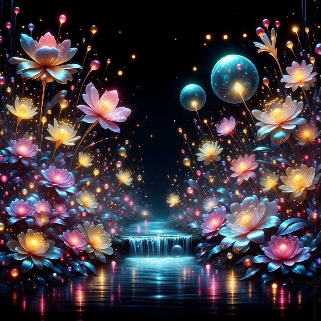 Cyborg Garden in Ethereal Moonlight