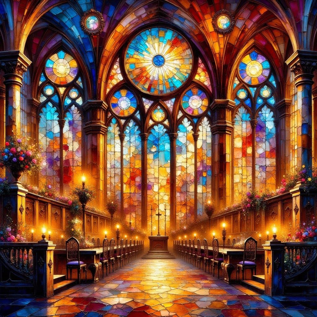 Paris Cathedral Stained Glass in Klimt-Mucha-Chagall Style