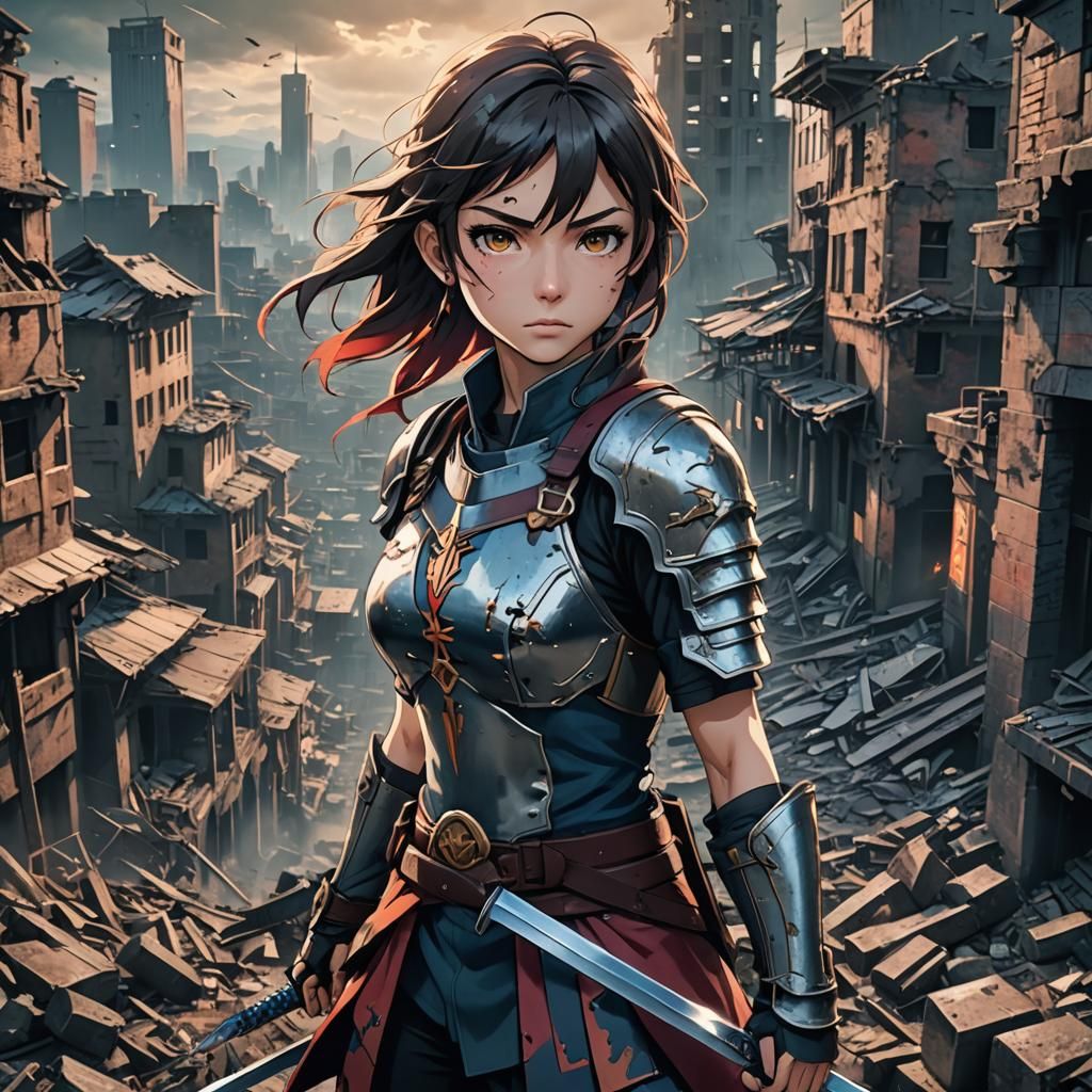 Anime Warrior Portrait in Ruined Cityscape