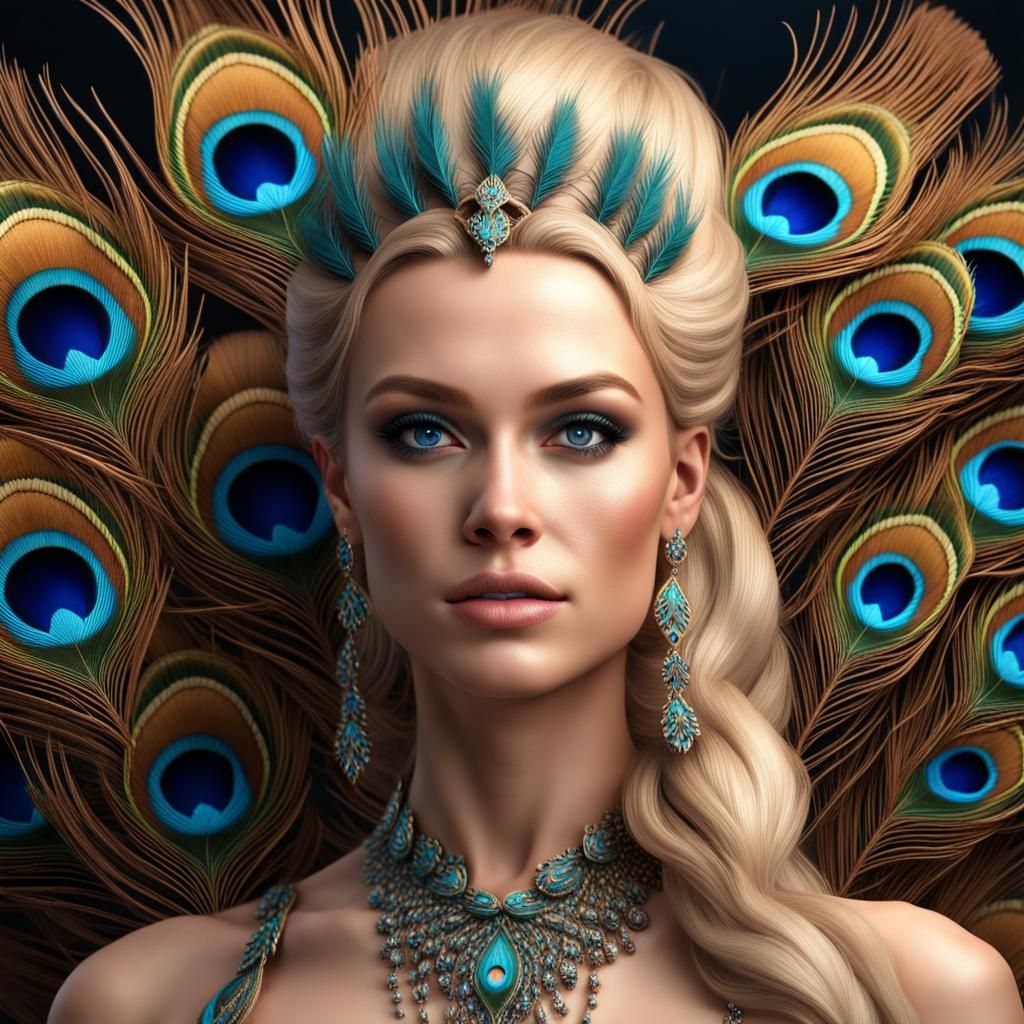 Peacock Woman in Hyperrealistic Detailed Matte Painting