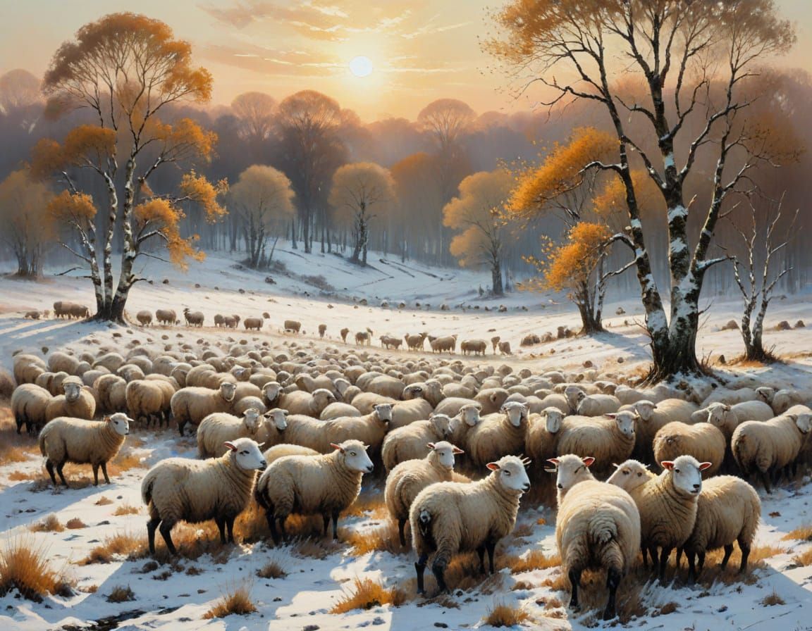 Autumn Heath Meets First Snow: Sheep Huddle Near Birches