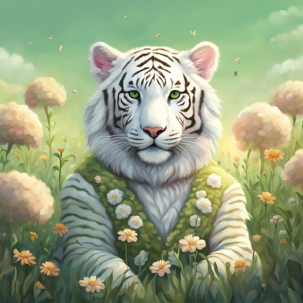Whimsical White Tiger in Sheep Costume with Flower
