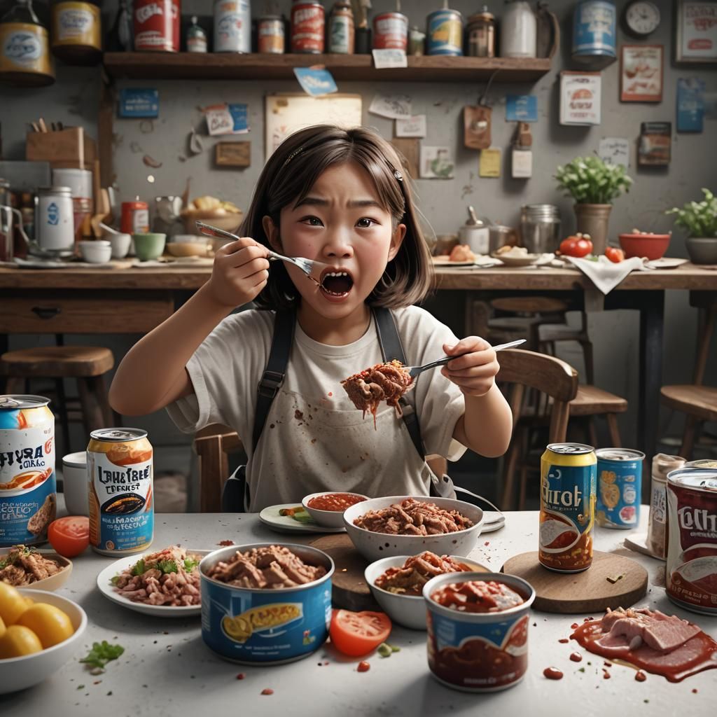 Young Girl Eating Tuna: Detailed Matte Painting