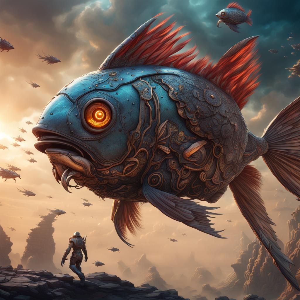 Cyborg Fish Riders in Alien Skies