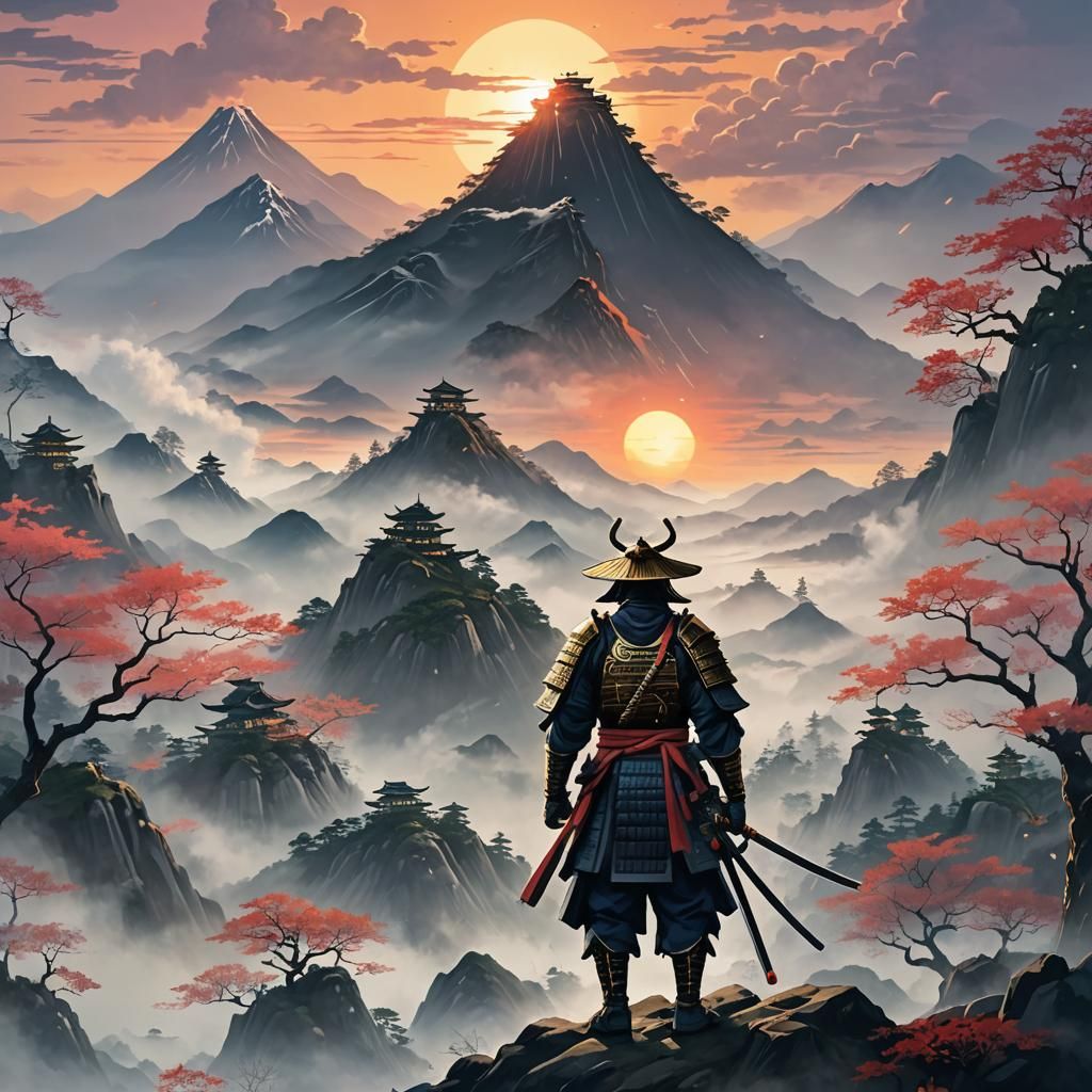 Samurai in Misty Landscape, Ukiyo-e Style