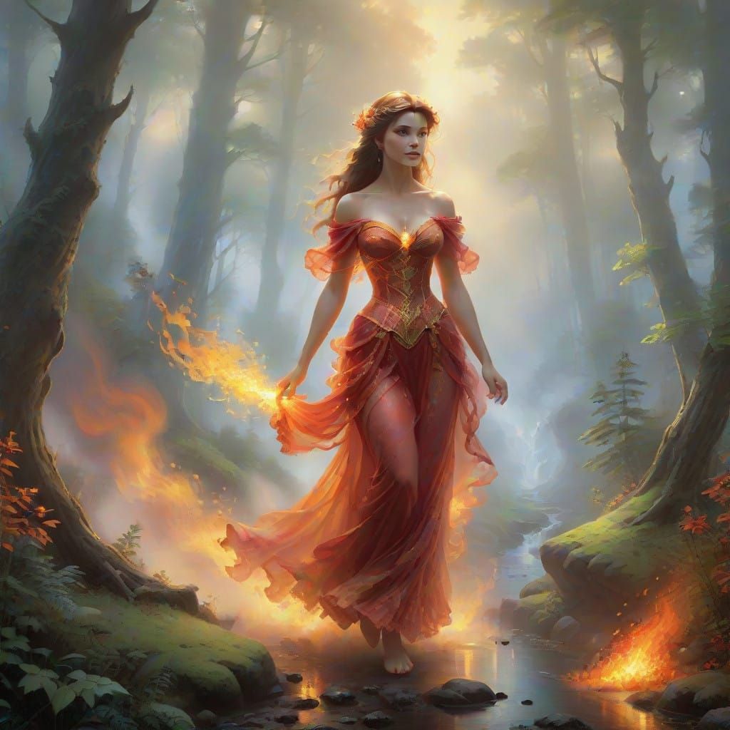 Ethereal Fantasy Female Fire Elemental in Enchanted Forest