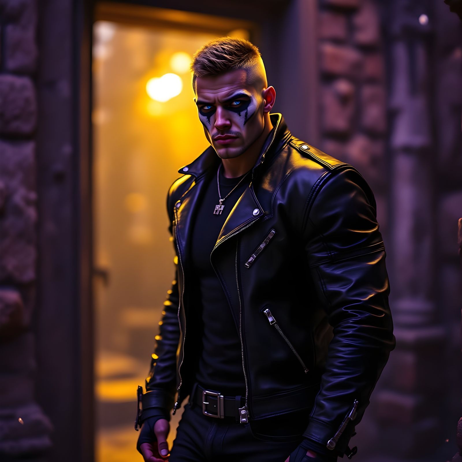 Muscular Figure with Skull Face Beckons from Doorway