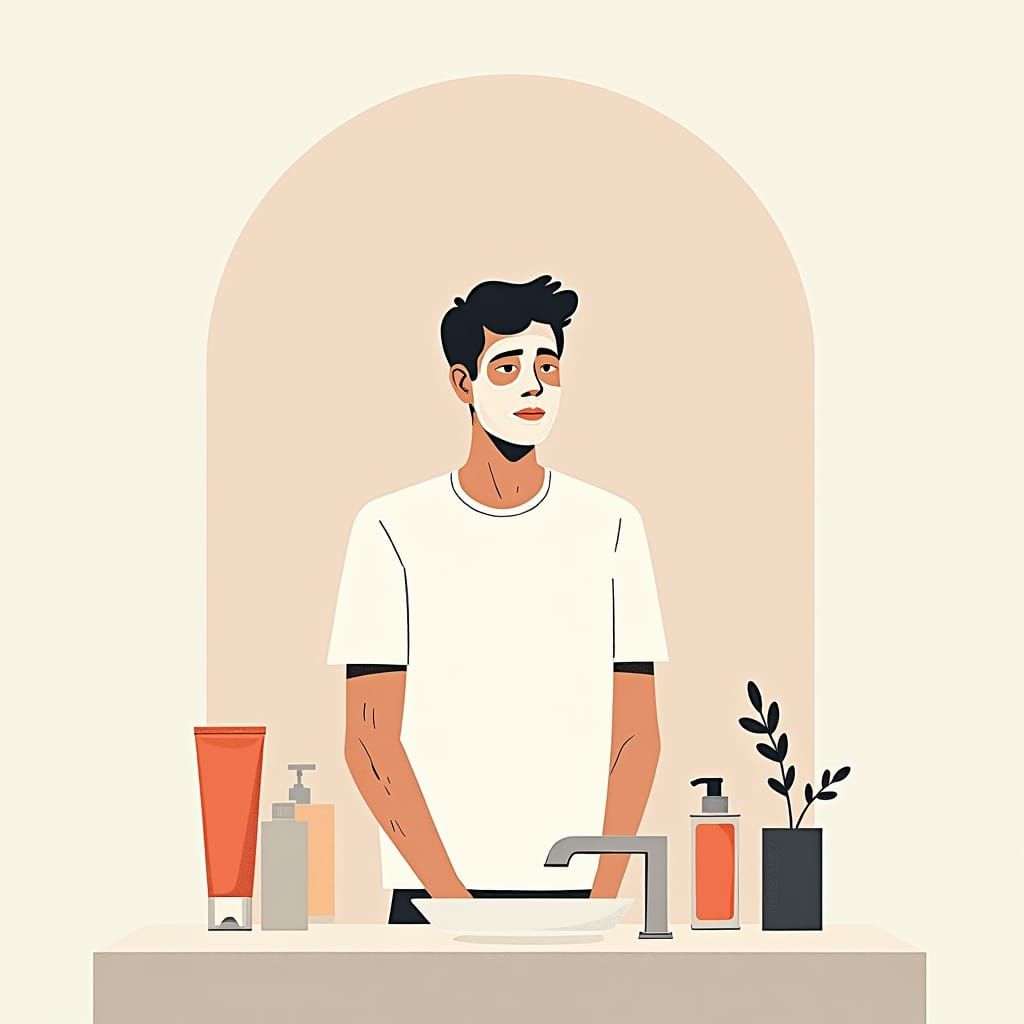 Minimalist Illustration: Man's Skincare Routine for Acne
