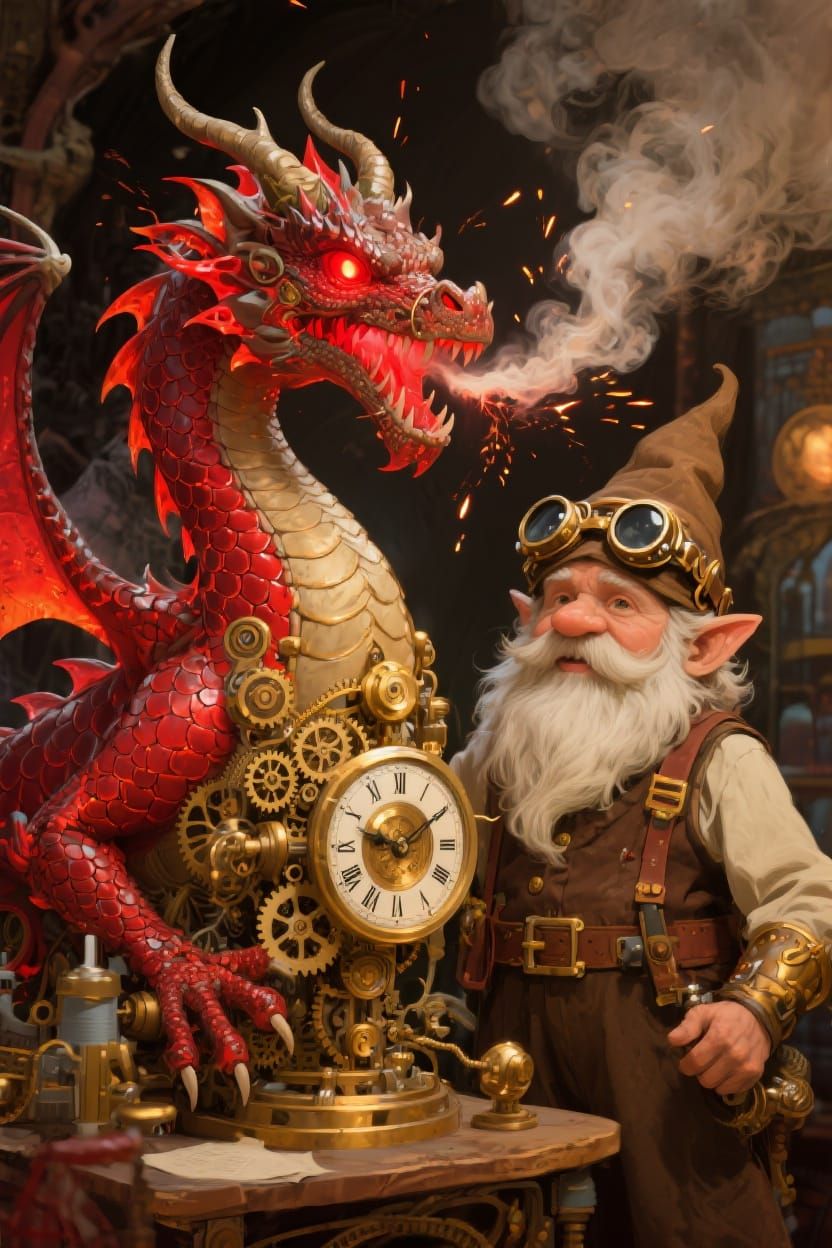 Gnome Inventor and Clockwork Dragon in Steampunk Style