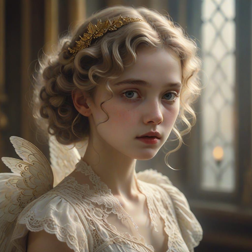 Angel Portrait with Gilded Age Patterns in Sfumato Style