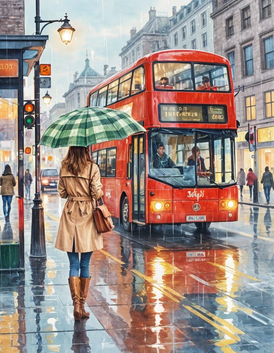 Woman with Green Umbrella at Rainy Bus Stop in Watercolor