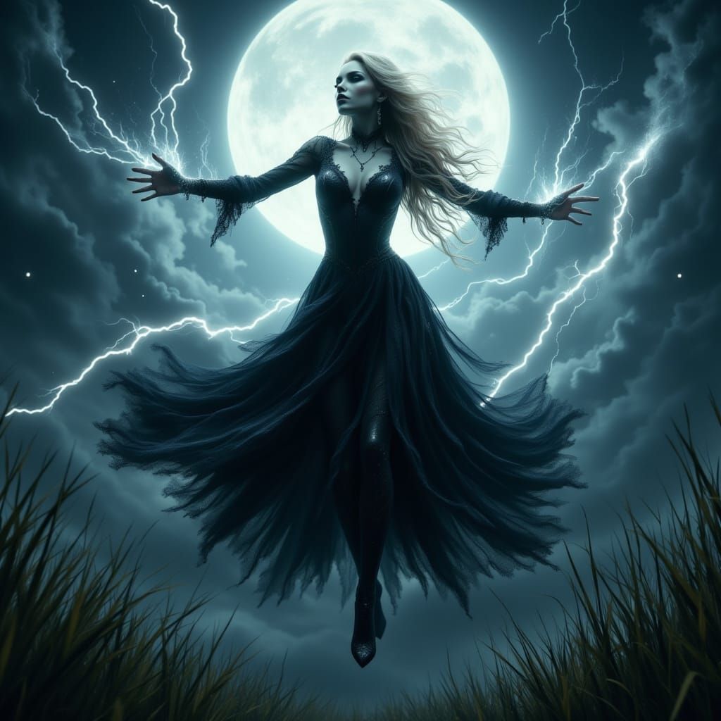 Powerful Witch Floats Above Earth Under Full Moon