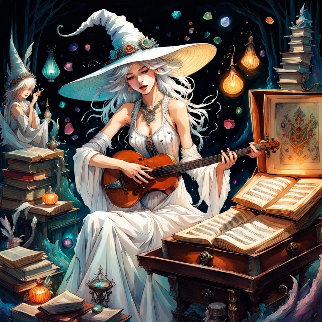 Joyful Music Witch in Gritty Fantasy Garden