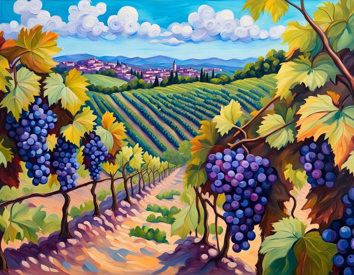 Vibrant Vineyard with Purple Grapes as Impasto Painting