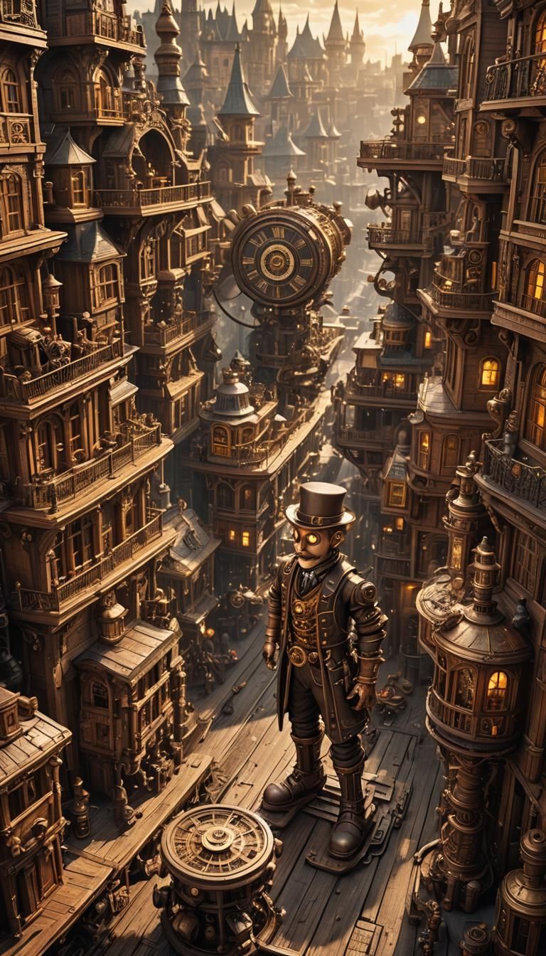 Steampunk Cityscape with Pinocchio Statue
