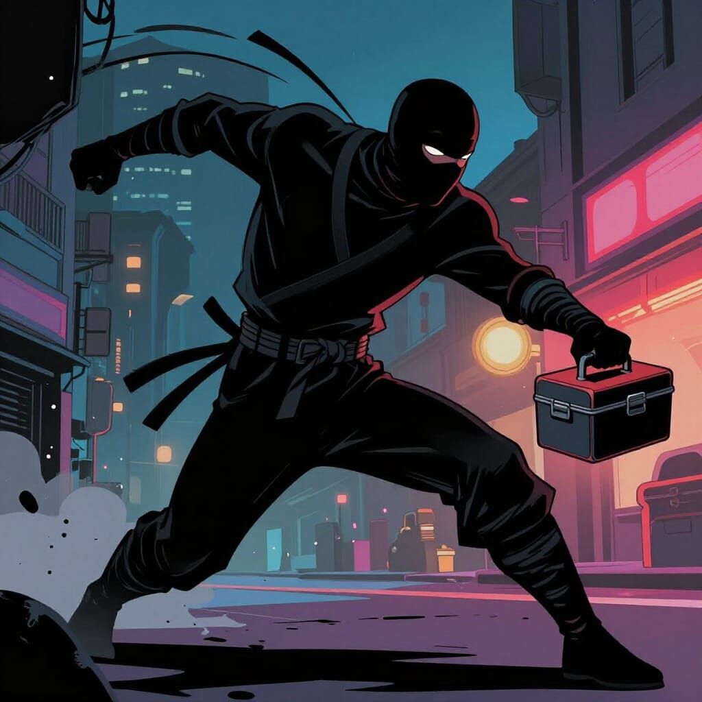 Stealthy Ninja Grabs Unattended Lunch in Graphic Novel Style