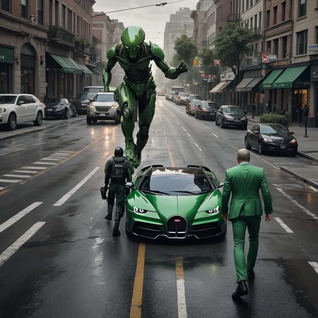 Green Alien in Suit Crossing Road, Detailed Art