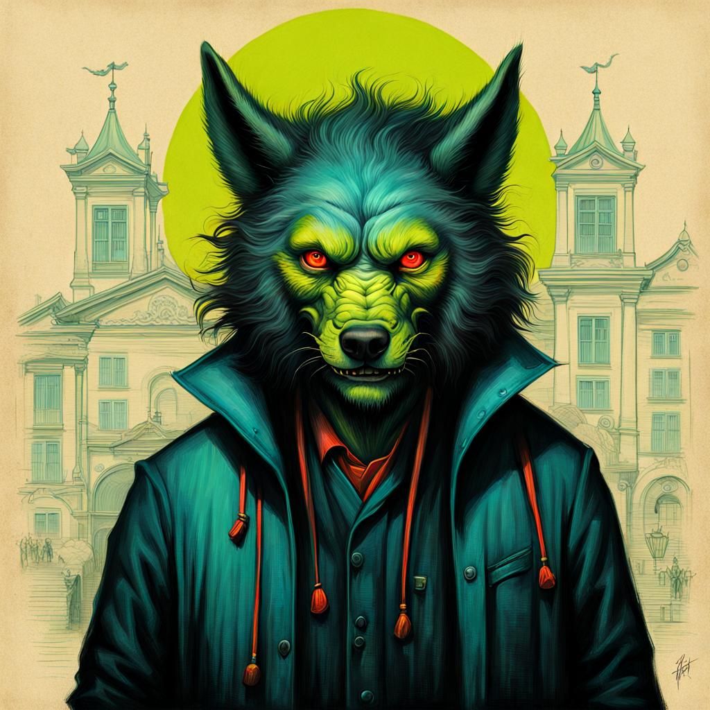 Eerie Neon Lycanthrope Festival Dye-Transfer Illustration