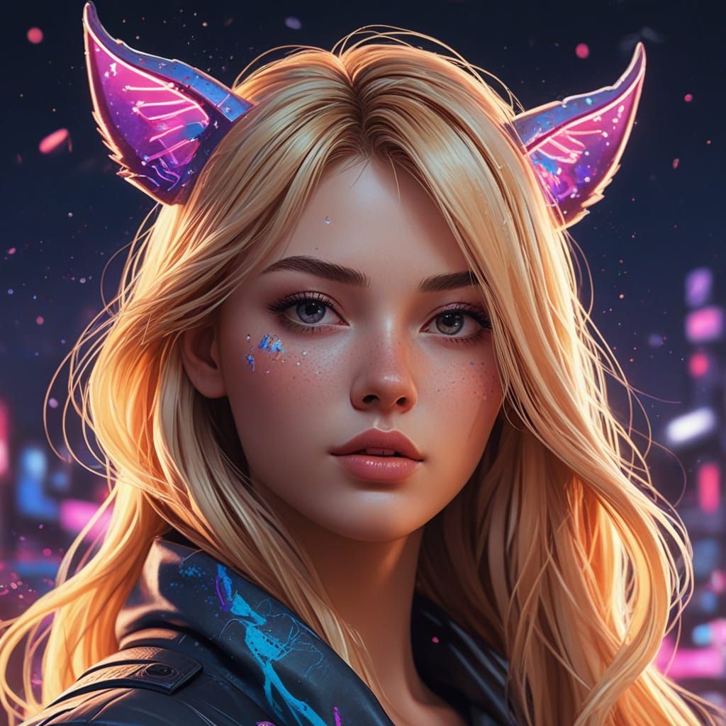 Hyper-Realistic Neko Goddess Portrait in Neon Galaxy