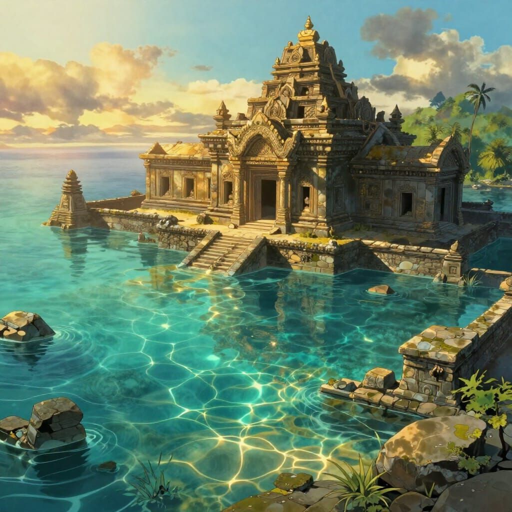 Ancient Temple in Turquoise Lagoon at Golden Hour