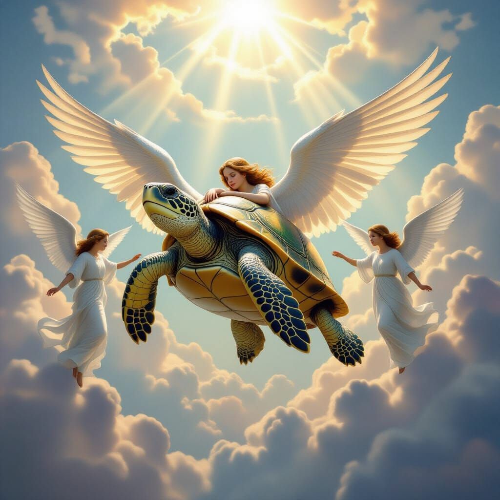 Angel Embraces Wounded Turtle Ascending to City