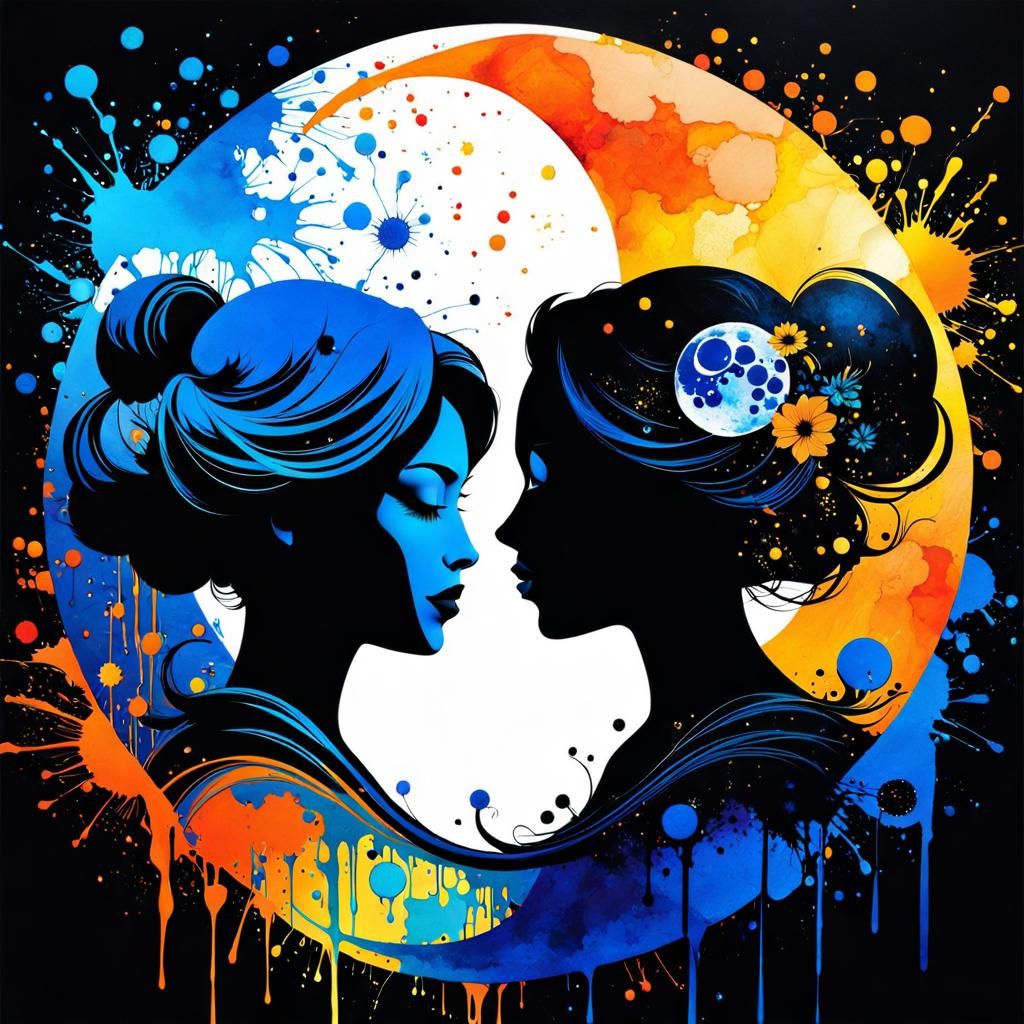 Yin Yang Sisters Under Full Moon in Ink Splatter Art