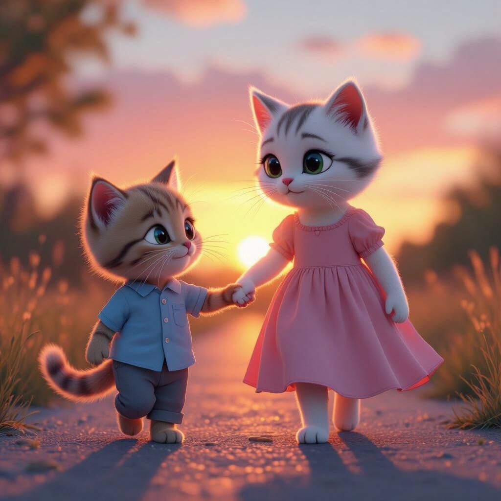 Kitten and Cat at Sunset in Pixar Animation Style