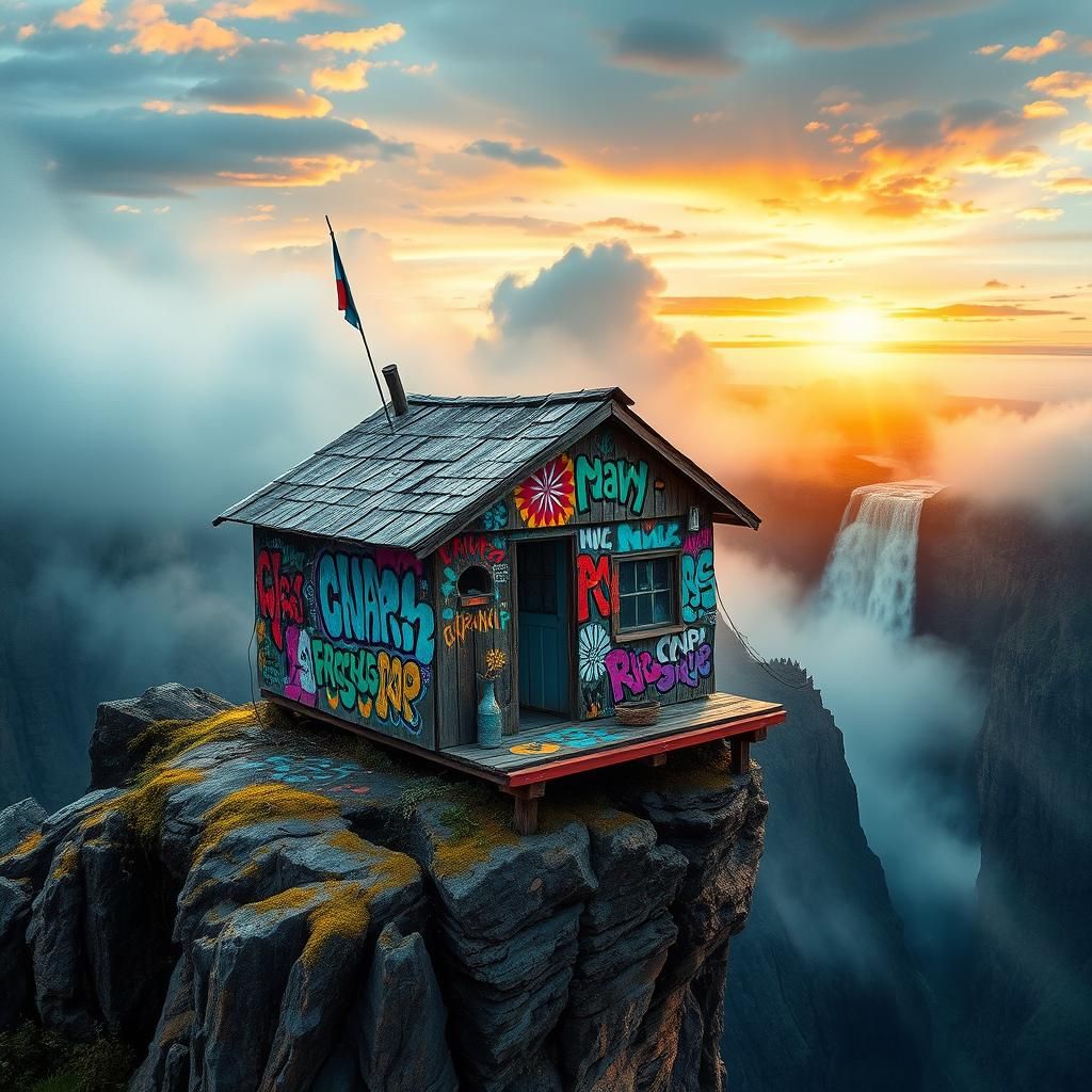 Cliffside Shack with Waterfall in Urban Art Style