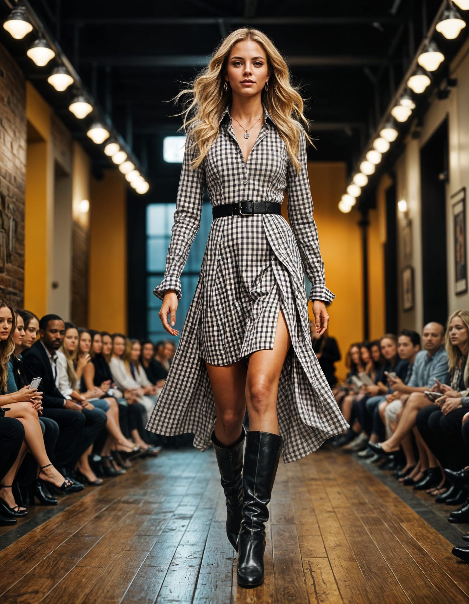 Glamorous Gingham Fashion Model Struts Down Catwalk
