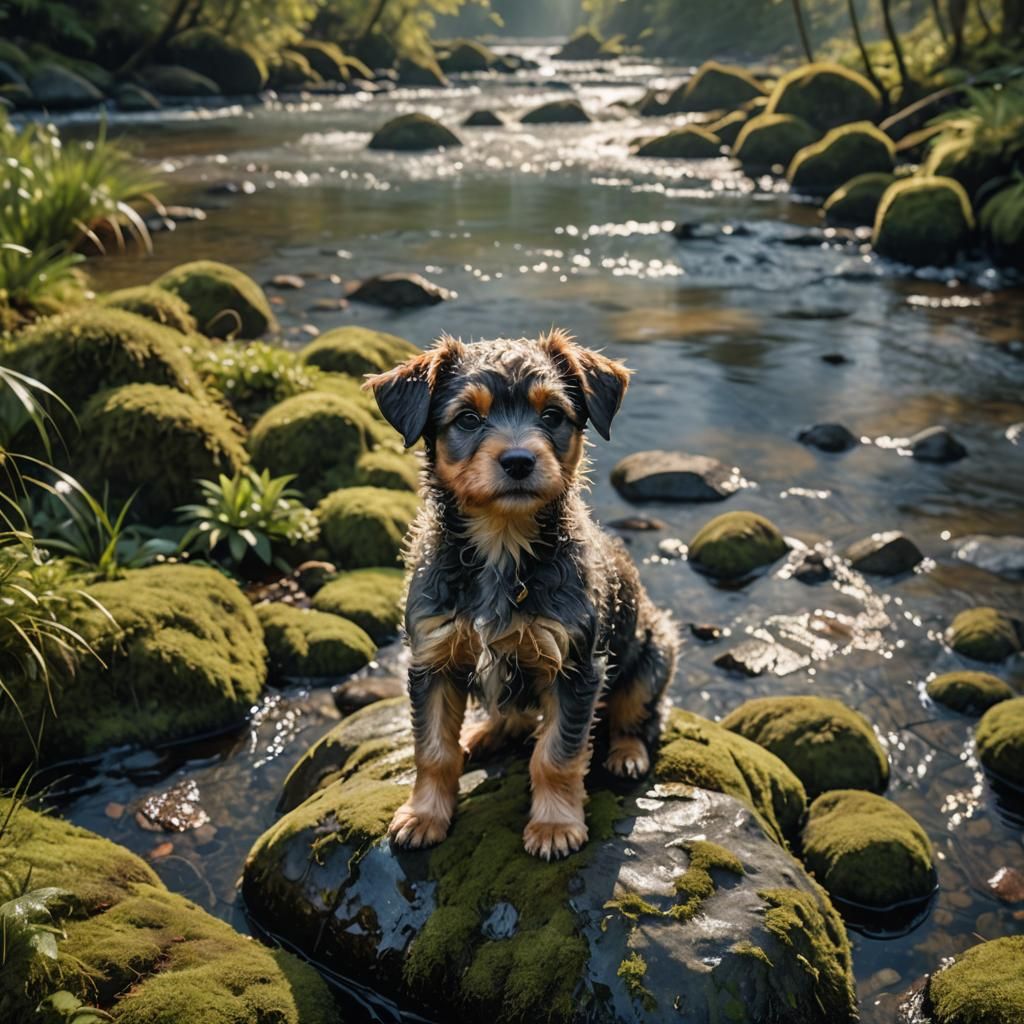 Wet Puppy on River Rock in Hyper-Realistic Photo