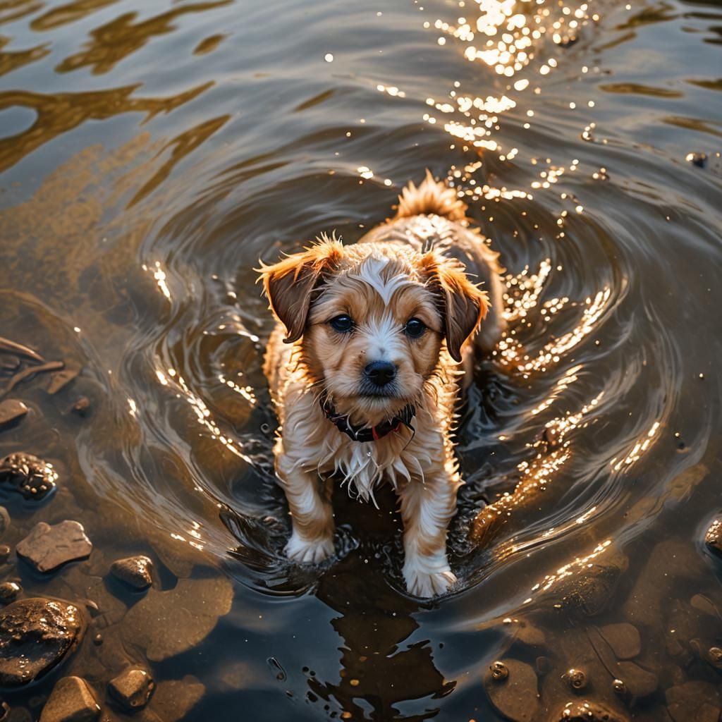 Hyperrealistic Puppy Swimming in River at Golden Hour