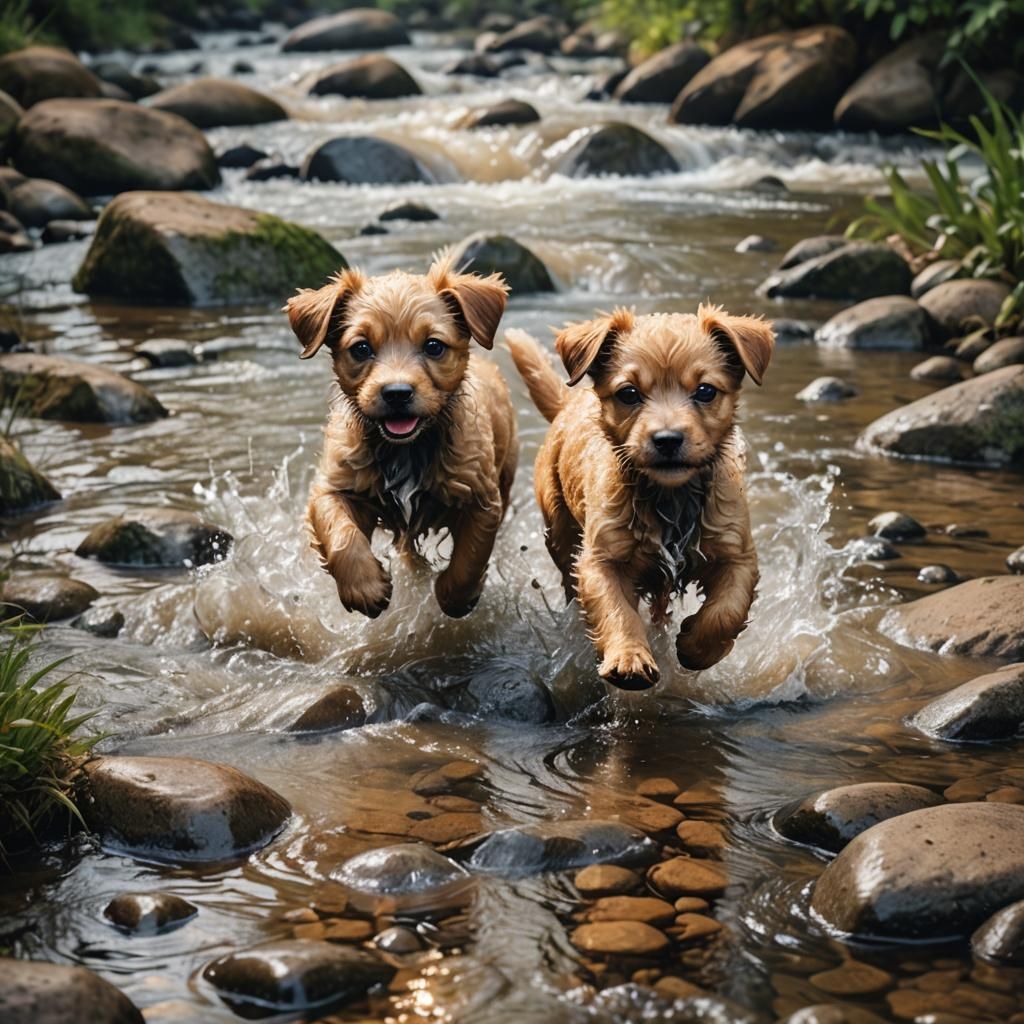 Puppy's River Run: Wildlife Photography in Golden Light