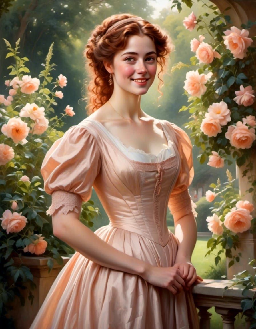 Regency Woman with Auburn Hair in Garden Setting