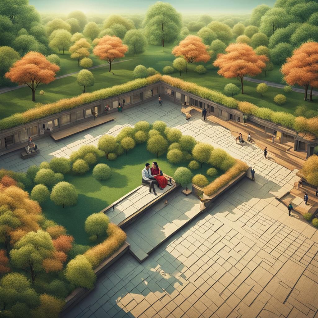 Fantasy Bird's-Eye View: Couple Relaxing in Park