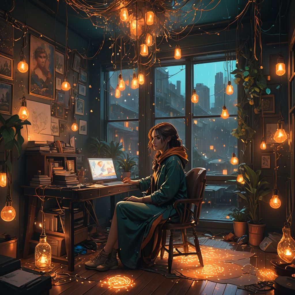 Girl Drawing in Rainy Room with String Lights