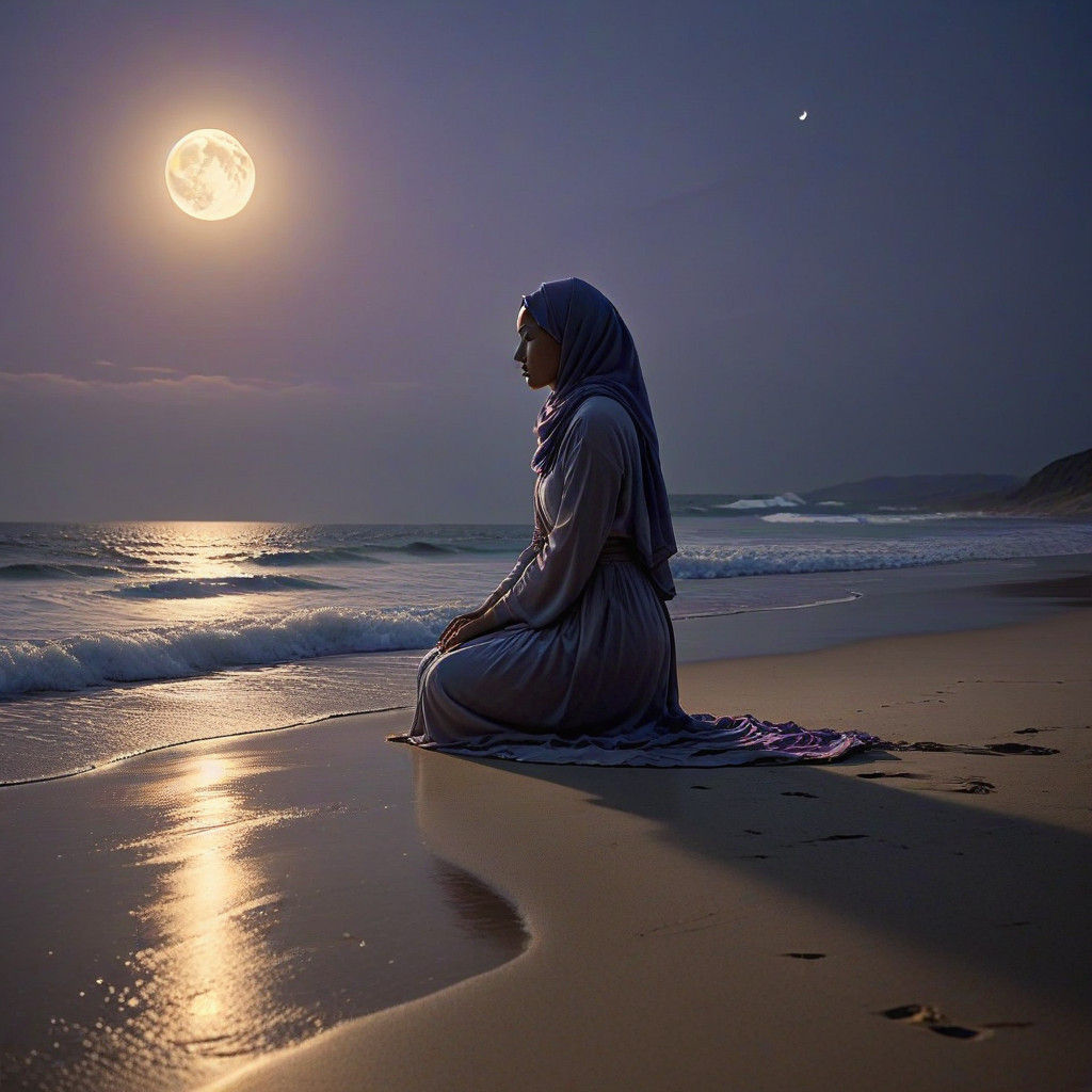 Muslim Woman Prays Under Full Moon on Deserted Beach