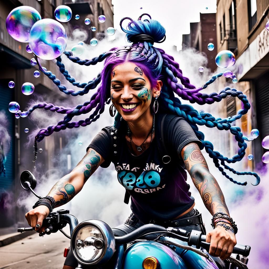 Punk Girl Motorcycle Ride in Vibrant Street Art