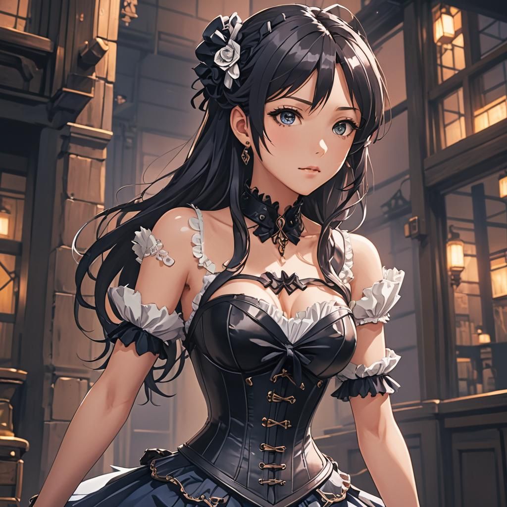 Anime Girl in Corset: Cel-Shaded Manga Art