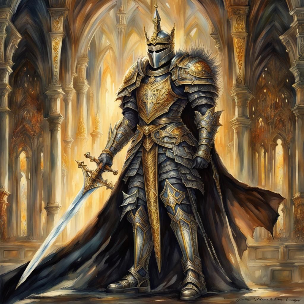 Gothic Knight with Enchanted Sword Watercolor