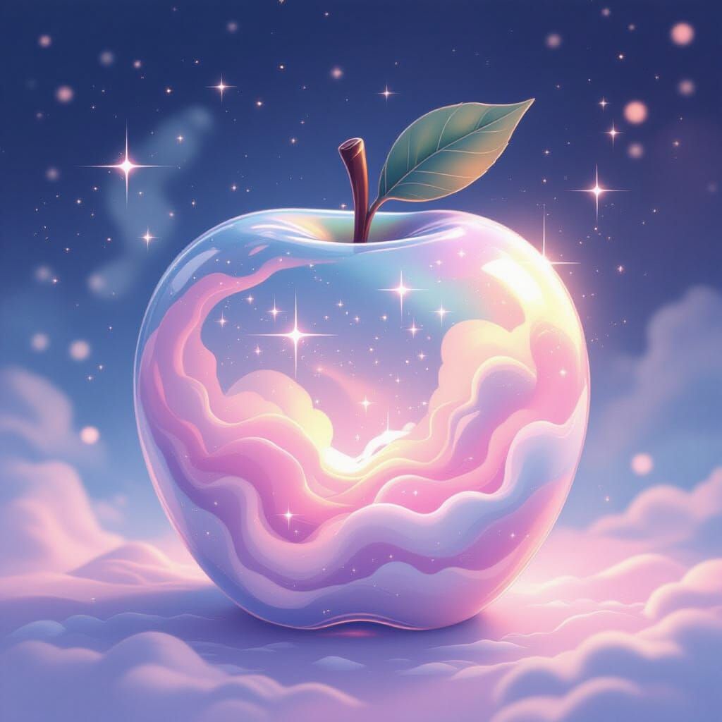 Dreamlike Glass Apple with Pastel Mist and Stars