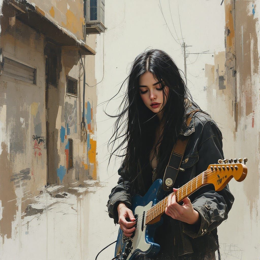 Urban Realism Portrait of a Young Guitarist in a Faded Citys...