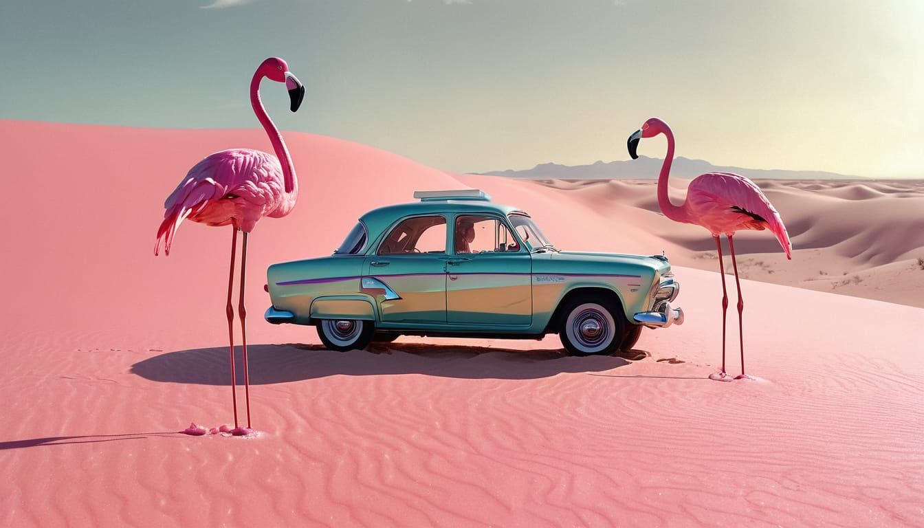 Surreal Desert Kitchen with Retro Woman in Art Deco