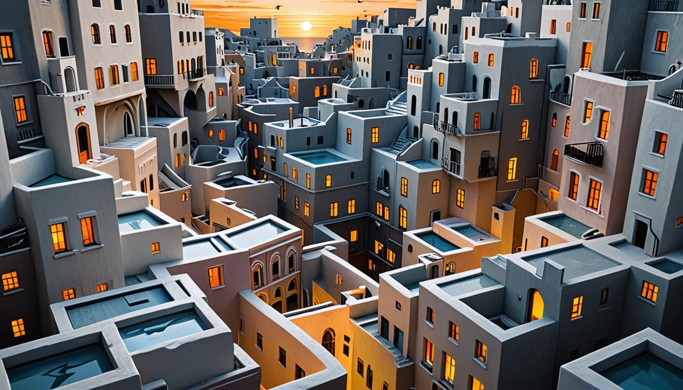 Escher-Inspired Surrealist Architecture at Dusk